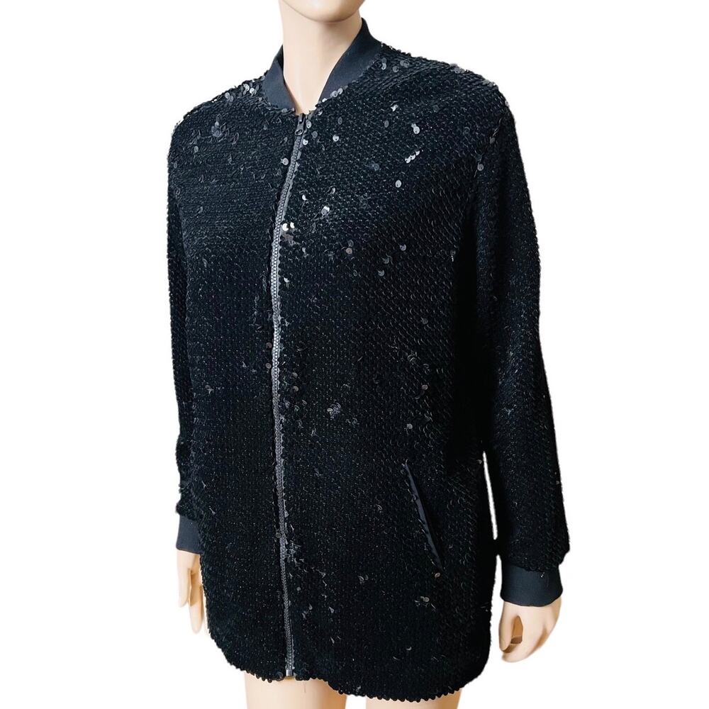 Zara Outerwear Velvet Sequin Long Bomber Jacket Black Coat Sz M 100% Polyester